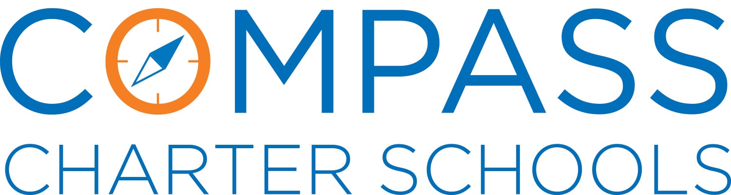 Blue and orange text that reads Compass Charter Schools with compass icon for the O.